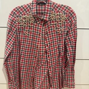 Zara Red White Plaid Pearl-Embellished Button-Down Shirt